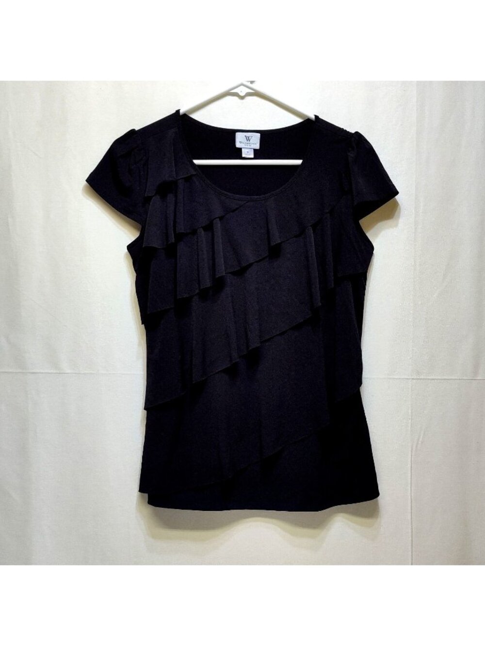 Worthington Stretch Small Ruffle Cap Sleeve Shear Airy Multi-Layer Stylish Top